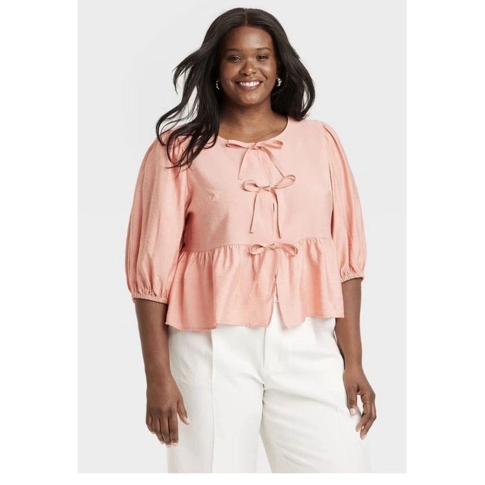 Ava & Viv Pink Tie Front Peplum Blouse XL Elbow Sleeve Rayon NWT